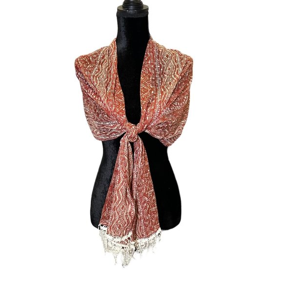 Unbranded Scarf Womens Long Rectangle Brown Aztec Semi Sheer Lightweight - Picture 1 of 11